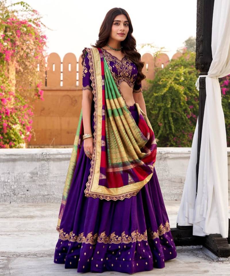 purple silk blend embroidered lehenga set