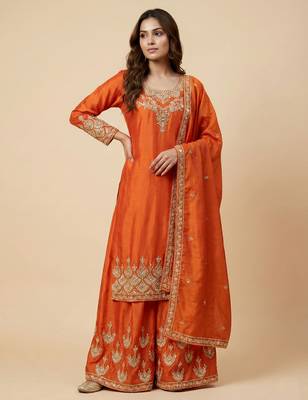 Orange designer chinon sequins embroidered work readymade suit 1