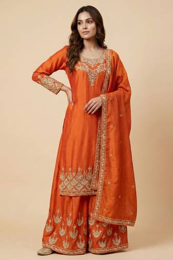 Orange designer chinon sequins embroidered work readymade suit