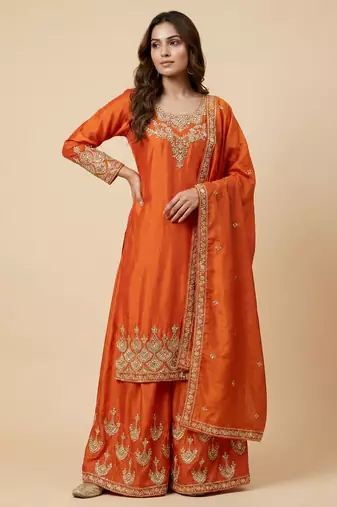 Orange designer chinon sequins embroidered work readymade suit