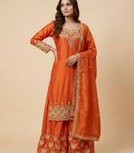 Orange designer chinon sequins embroidered work readymade suit
