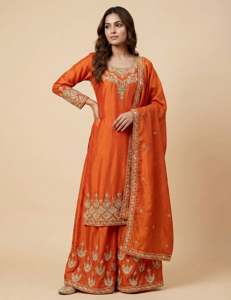 Orange designer chinon sequins embroidered work readymade suit