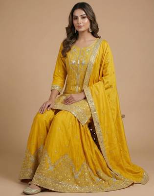Yellow designer natural crepe sequins embroidered work readymade suit 2