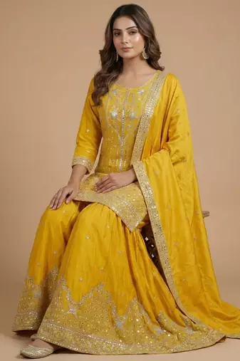 Yellow designer natural crepe sequins embroidered work readymade suit