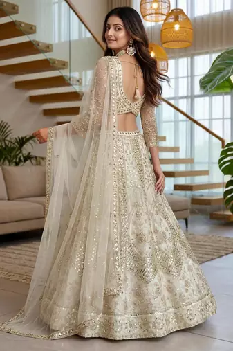 cream net embroidered lehenga set