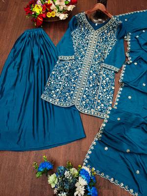 Teal designer chinon sequins embroidered work readymade suit 3