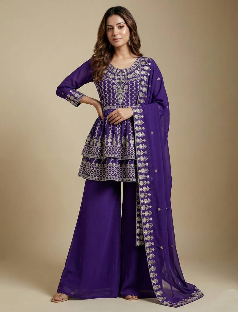Purple designer fox georgette sequins embroidered work readymade suit