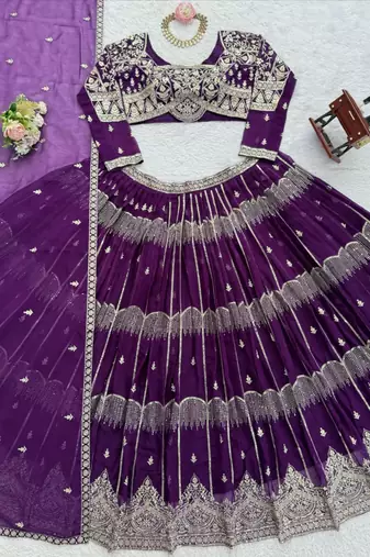 purple georgette embroidered lehenga set