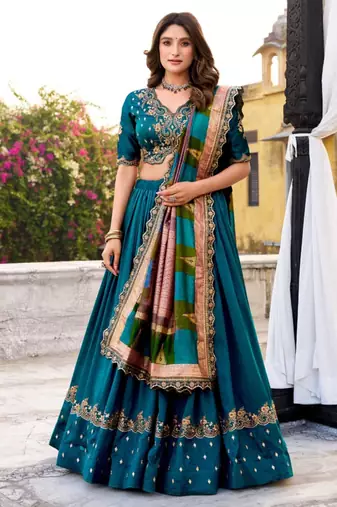 teal silk blend embroidered lehenga set