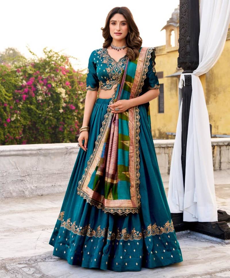 teal silk blend embroidered lehenga set