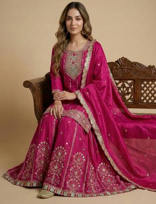 Pink designer chinon sequins embroidered work readymade suit 2