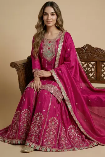Pink designer chinon sequins embroidered work readymade suit