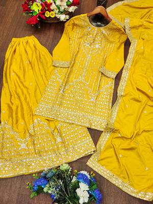 Yellow designer natural crepe sequins embroidered work readymade suit 3