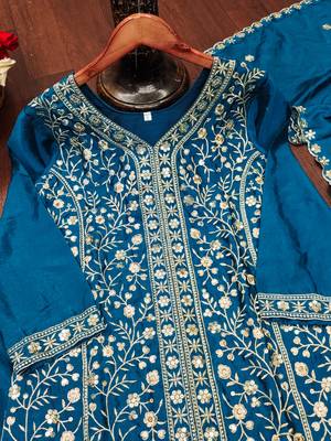 Teal designer chinon sequins embroidered work readymade suit 4