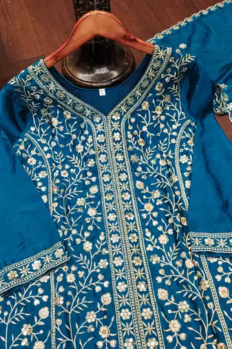 Teal designer chinon sequins embroidered work readymade suit