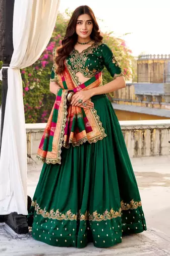 green silk blend embroidered lehenga set