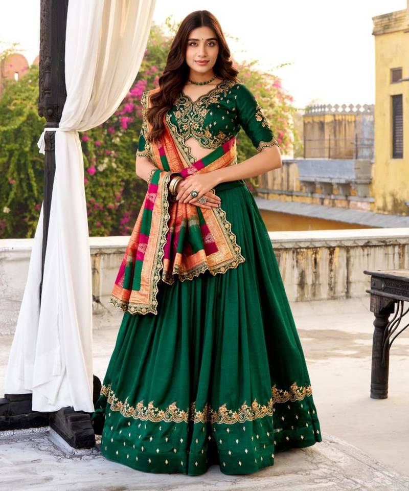 green silk blend embroidered lehenga set