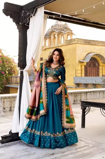 teal silk blend embroidered lehenga set