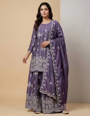 Light purple designer chinon sequins embroidered work readymade suit 1