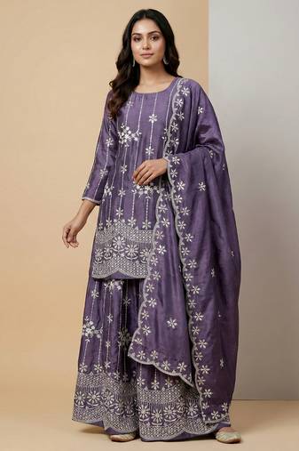 Light purple designer chinon sequins embroidered work readymade suit
