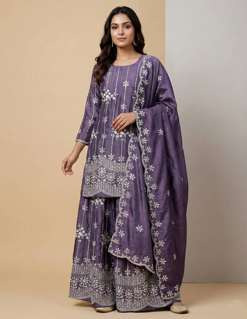 Light purple designer chinon sequins embroidered work readymade suit