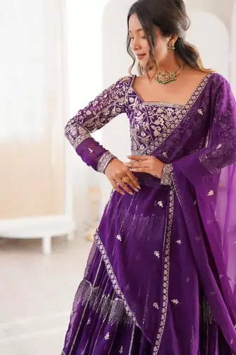 purple georgette embroidered lehenga set