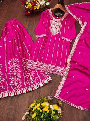 Pink designer chinon sequins embroidered work readymade suit 3