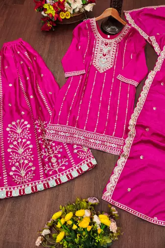 Pink designer chinon sequins embroidered work readymade suit