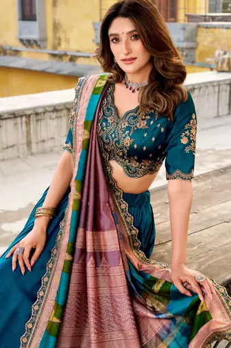 teal silk blend embroidered lehenga set