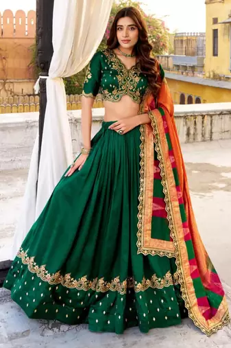 green silk blend embroidered lehenga set