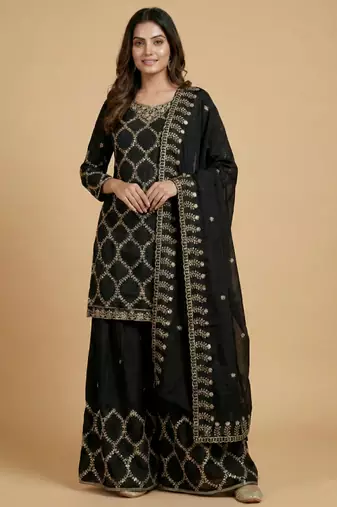 Black designer chinon sequins embroidered work readymade suit