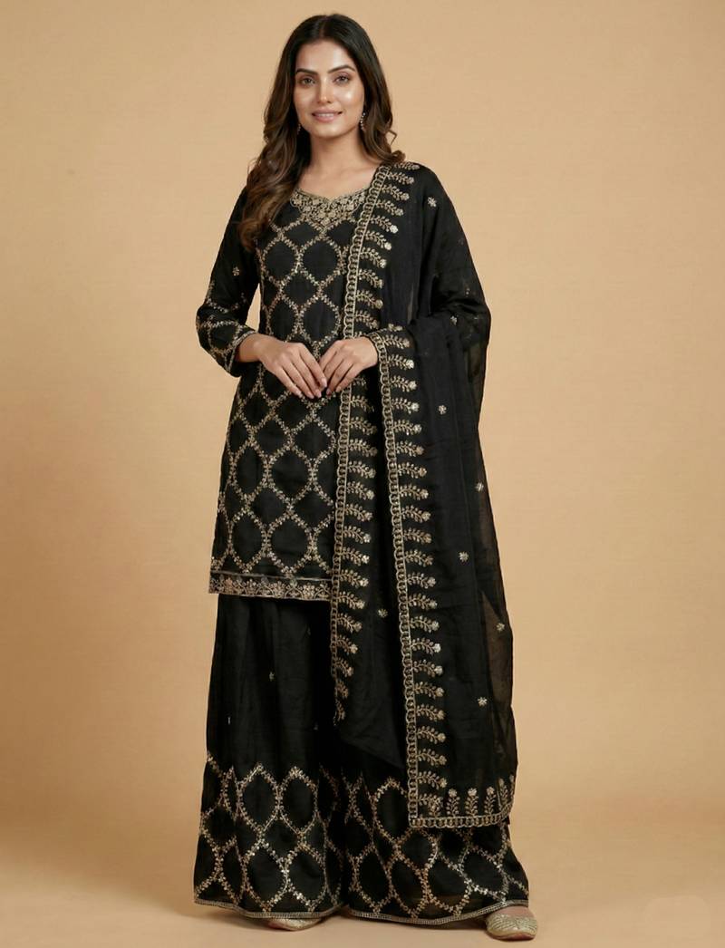 Black designer chinon sequins embroidered work readymade suit