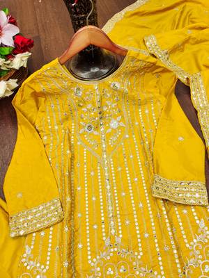 Yellow designer natural crepe sequins embroidered work readymade suit 4