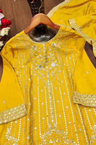 Yellow designer natural crepe sequins embroidered work readymade suit