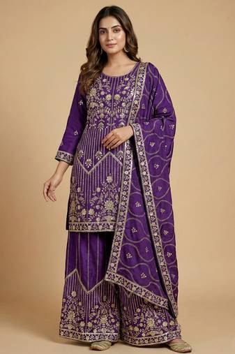 Purple designer chinon silk sequins embroidered work readymade suit