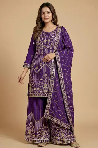 Purple designer chinon silk sequins embroidered work readymade suit