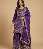 Purple designer chinon silk sequins embroidered work readymade suit