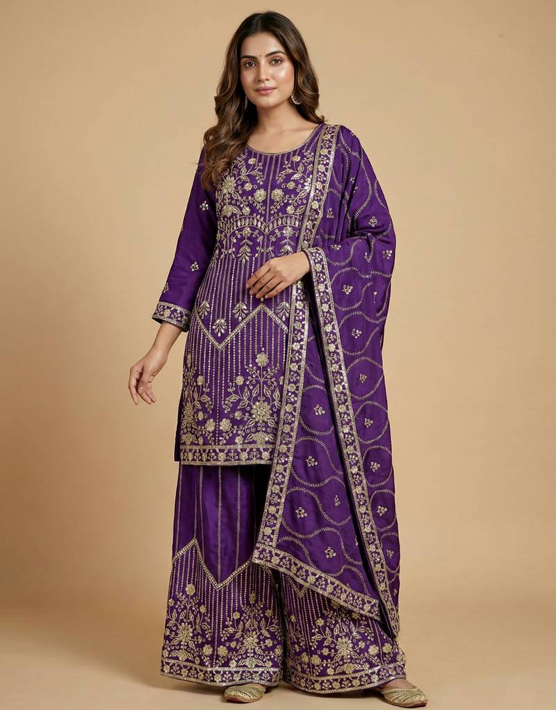 Purple designer chinon silk sequins embroidered work readymade suit