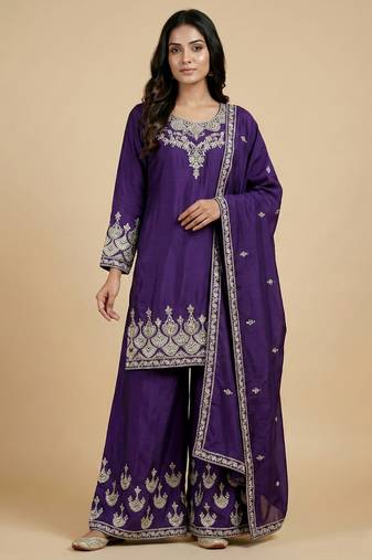 Purple designer chinon sequins embroidered work readymade suit