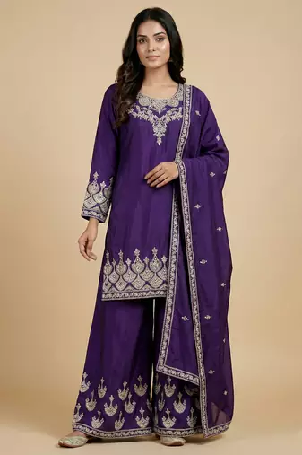 Purple designer chinon sequins embroidered work readymade suit