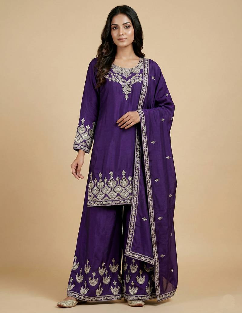 Purple designer chinon sequins embroidered work readymade suit