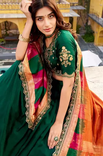 green silk blend embroidered lehenga set