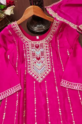 Pink designer chinon sequins embroidered work readymade suit