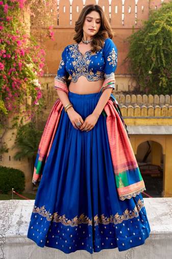 blue silk blend embroidered lehenga set