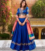 blue silk blend embroidered lehenga set