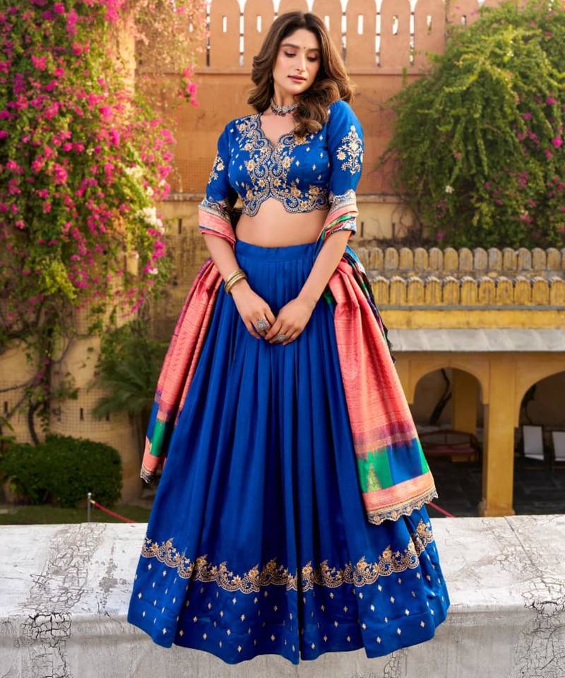 blue silk blend embroidered lehenga set