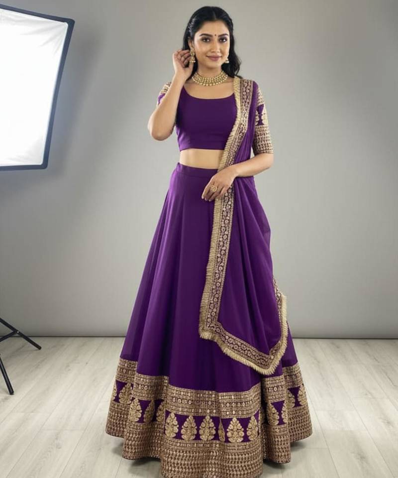 purple georgette embroidered lehenga set