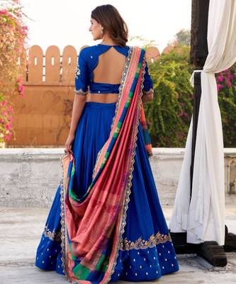 blue silk blend embroidered lehenga set 2