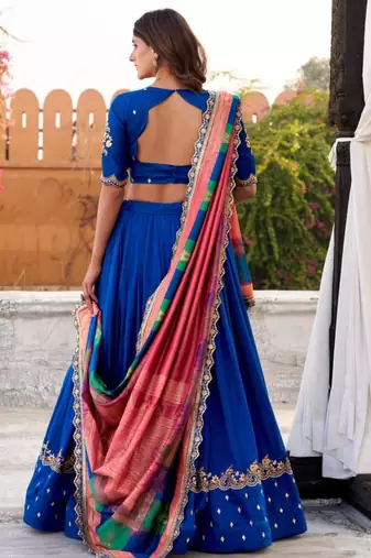 blue silk blend embroidered lehenga set