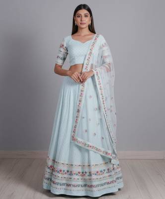 aqua blue georgette embroidered lehenga set 1